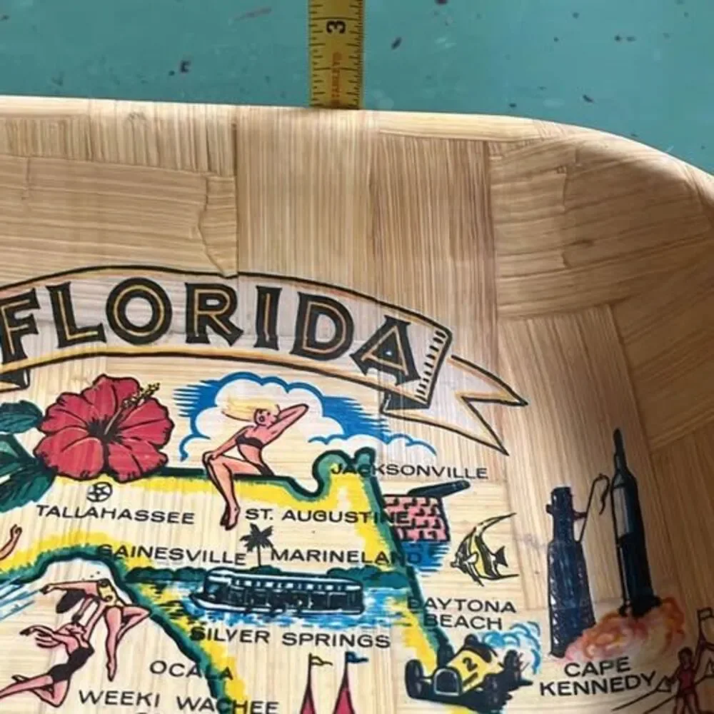 Vintage 1970s Kitsch Florida Souvenir Woven Bamboo Map Bowl - MINT with Labels